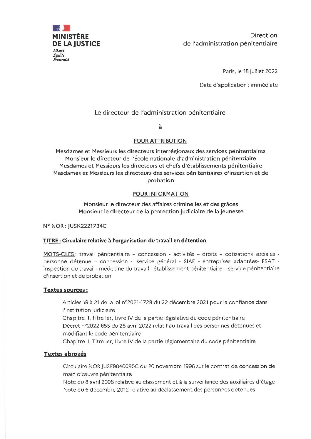 L’organisation du travail en détention